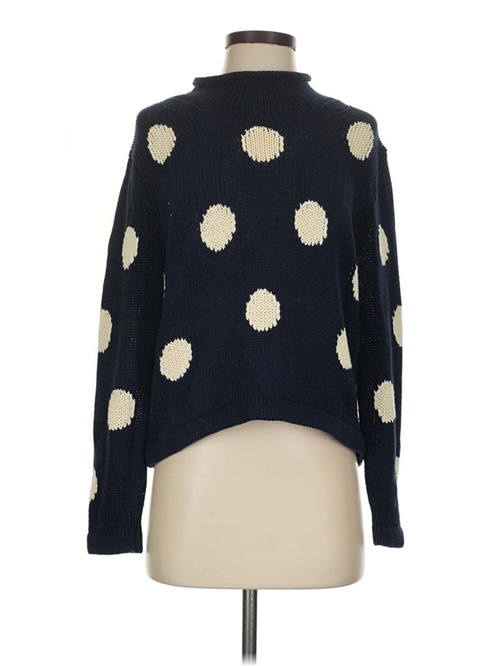 J.Crew Always Navy Rollneck Turtleneck Cotton Sweater with White Polka Dots